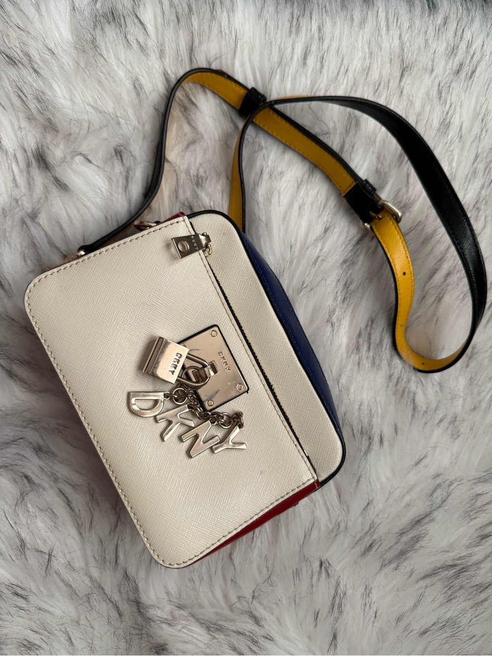 DKNY Tricolor Leather Crossbody Bag in Cream, Navy & Red with Yellow-Trim Strap